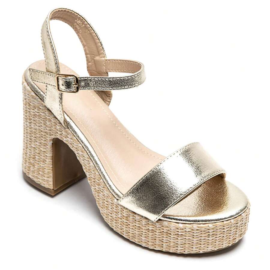 Woven Thick Platform Chunky High Heel Sandals With Ankle Strap - Gold - View 1