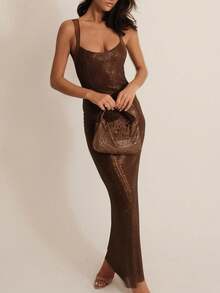 Women Summer Sleeveless Backless Mesh Patchwork Elegant Bling Long Dress Bodycon Sexy Party Dress, For Cocktail