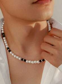 1pc Handmade Faux Pearl & Glass Bead Matching Unisex Necklace - Black and White - View 11