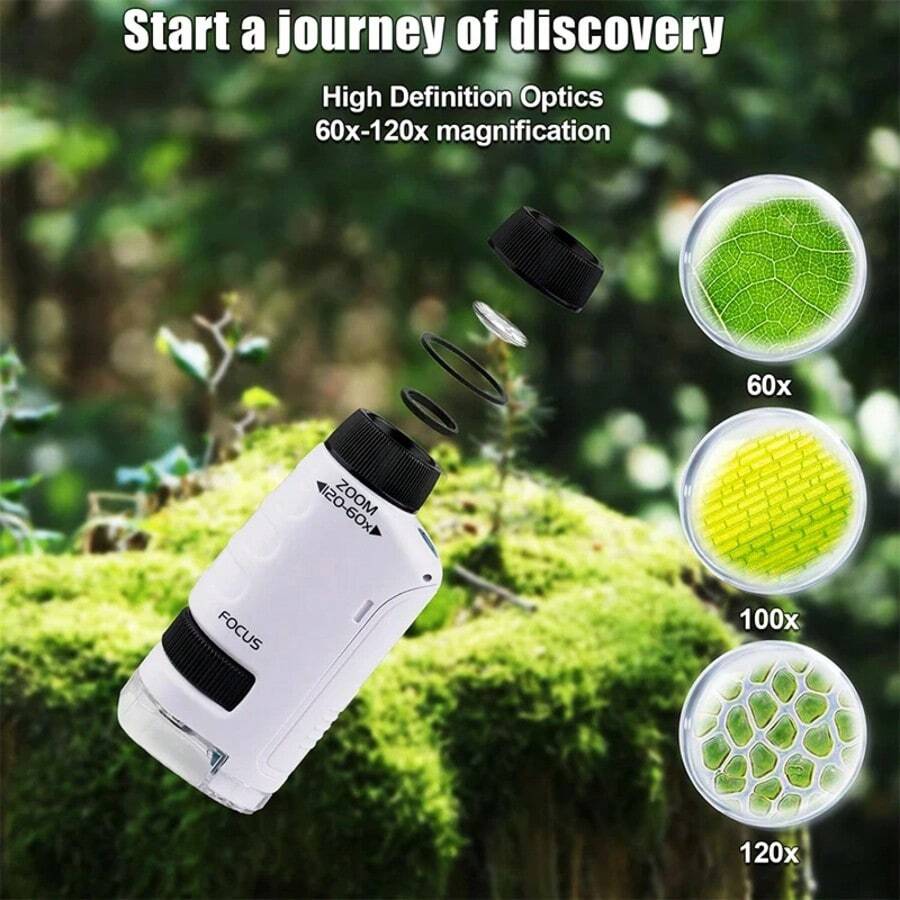 Kit de microscopio de mano con luz LED 60X-120X, microscopio de mano en miniatura con luz LED y alimentación por batería para niños, ciencia y niños