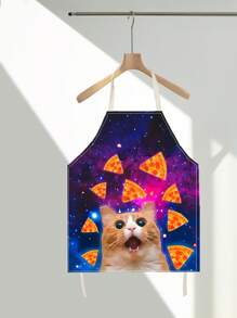 1 pieza Delantal de babero con estampado de gato espacio pizza meme creativo y de moda, unisex, para mujeres, hombres, chef, cocina, divertido, animal, horneado