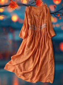 Women Summer Dress Casual Vintage Embroidery 3/4 Sleeves Midi Dress For Cocktail Vacation Club Streetwear - 橘色 - 查看 5
