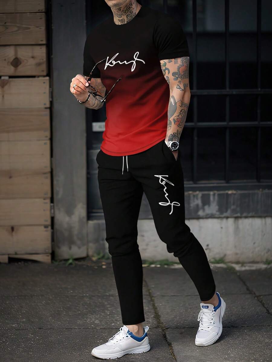 男士国王渐变印花圆领短袖 T 恤和长裤套装