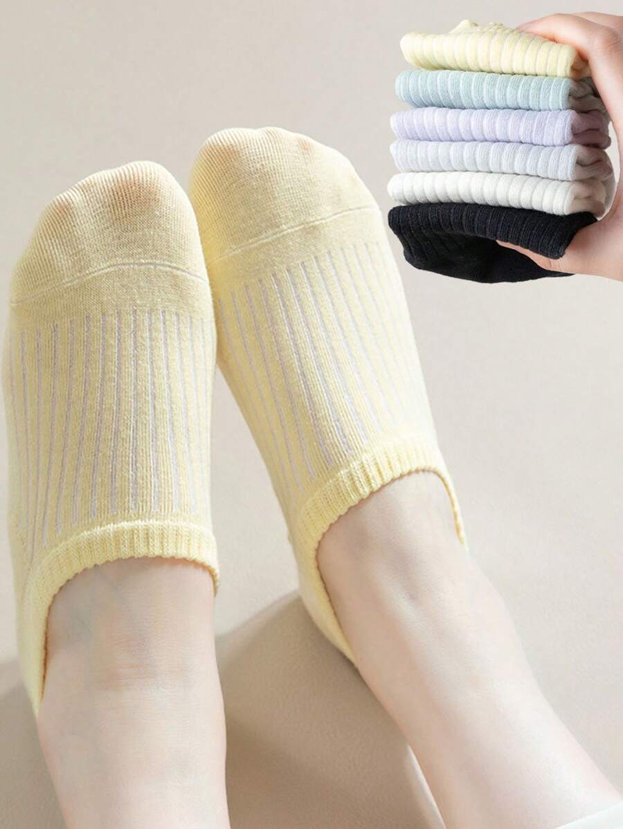 6 Pairs Women Vertical Striped Simple Casual Breathable Low-Cut Invisible Boat Socks - Multicolor - View 1
