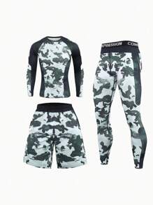 3pcs Outdoor Sports Fitness Running Quick Dry Breathable Workout Basketball Cycling Camo Pattern Milk Silk Close-Fitting Morning Running Suit For Spring And Summer Workout Sets