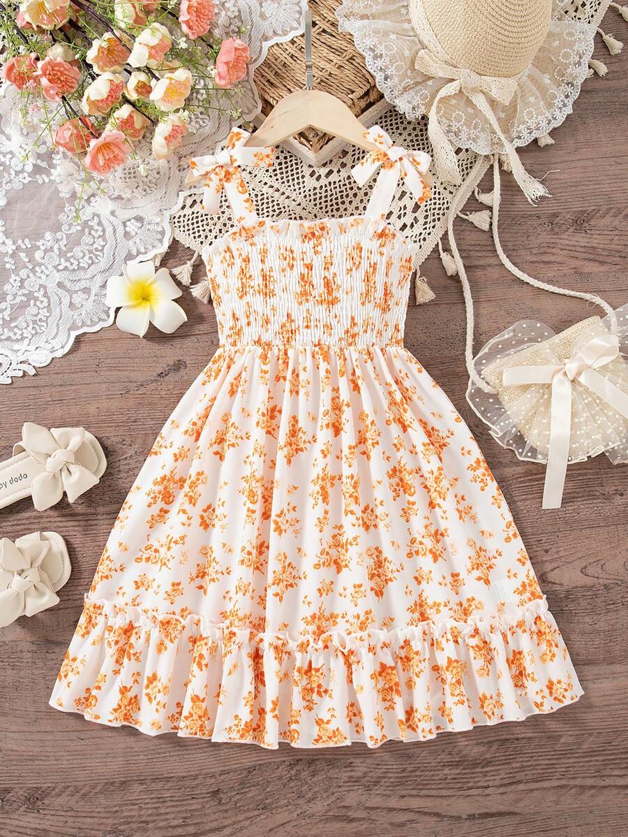 Young Girl Floral Print Spaghetti Strap Bowknot Ruffle Hem Dress - Yellow - View 1