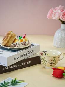 1pc Highly Attractive Ditsy Floral & Bird Motif Coffee Cup With Saucer, Vintage-Style Gold Rim Ceramic Mug, Home Afternoon Tea Porcelain Cup, Gilded Flower Tea Cup, Ideal Gift And Souvenir, Suitable For Afternoon Tea, Desserts And Gifts - Multicolor - View 4