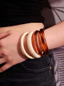 4 件/套白色和棕色扎染圆形树脂手镯，简约多层百搭复古优雅女士珠宝 - 彩色 - 查看 7