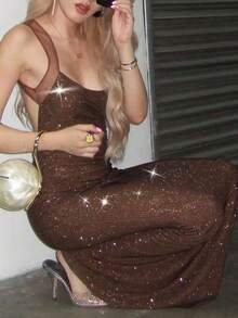 Women Summer Sleeveless Backless Mesh Patchwork Elegant Bling Long Dress Bodycon Sexy Party Dress, For Cocktail