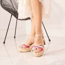 Women's High Platform Sandals With Block Heels And Ankle Strap - Beige - View 3