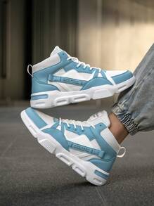 男士时尚拼色仿皮网眼系带字母图案休闲运动鞋，适合所有季节的高帮户外运动鞋，适合青少年的学院风格 - 白月 - 查看 5