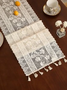 1pc Beige Lace Tassel Table Runner, Suitable For Home Decorations Such As Dining Table, TV Cabinet, Coffee Table, Etc. - Multicolor - View 6