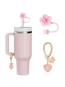 兼容 杯配件 1 件黑粉色吸管盖，用于杯吸管盖，1 件可爱心形字母和圆形字母饰物，适用于 30&40 盎司带手柄玻璃杯，字母饰物配件的长度为 3.94 英寸。个性化字母配件