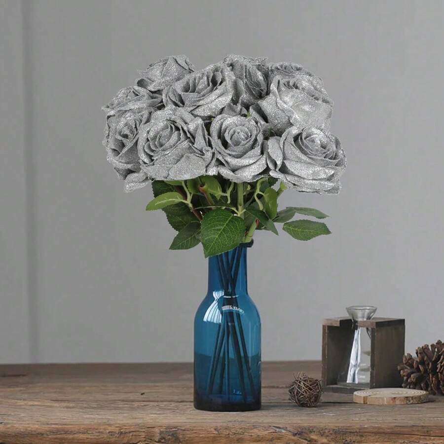 Artificial Flowers12Pcs Shiny Single Long Stem 40cm/15.75in Large 8cm/3.14in Glitter Roses Head Fake Roses Bouquet For Party Home Wedding Centerpiece Office Table Centerpieces Christmas Garland Decorations