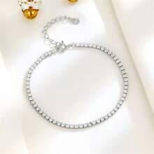 925 Sterling Silver Tennis Bracelet For Women, Cubic Zirconia Sparkling 2mm Thin Adjustable Chain, Elegant Fashion Accessory, Valentine's Day Gift