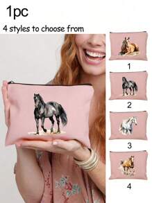 Charming Watercolor Horse Theme Printed Zipper Makeup Bag, Fashionable Large Capacity Makeup Bag, Cosmetic Bags, Skin Care Product Storage Bags, Travel Makeup Bag, Solid Color Zipper Bag, Large Capacity Style Bag, Bathroom Organizer Holiday Essentials Holiday Travel Essentials Travel Bag Travel Accessories - Pink - View 1