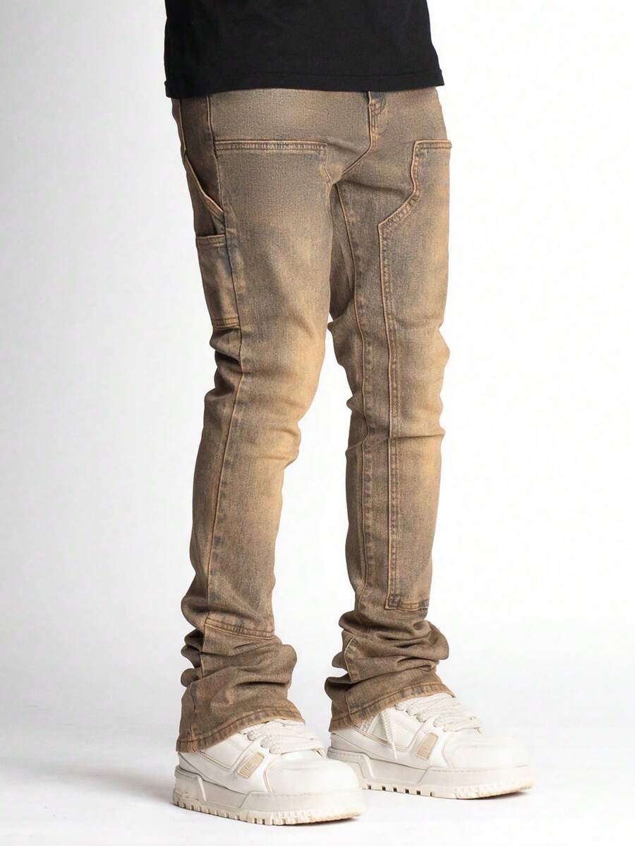 弹力紧身叠层牛仔裤，休闲棉混纺喇叭牛仔裤，带斜口袋 - 黃色 - 查看 1