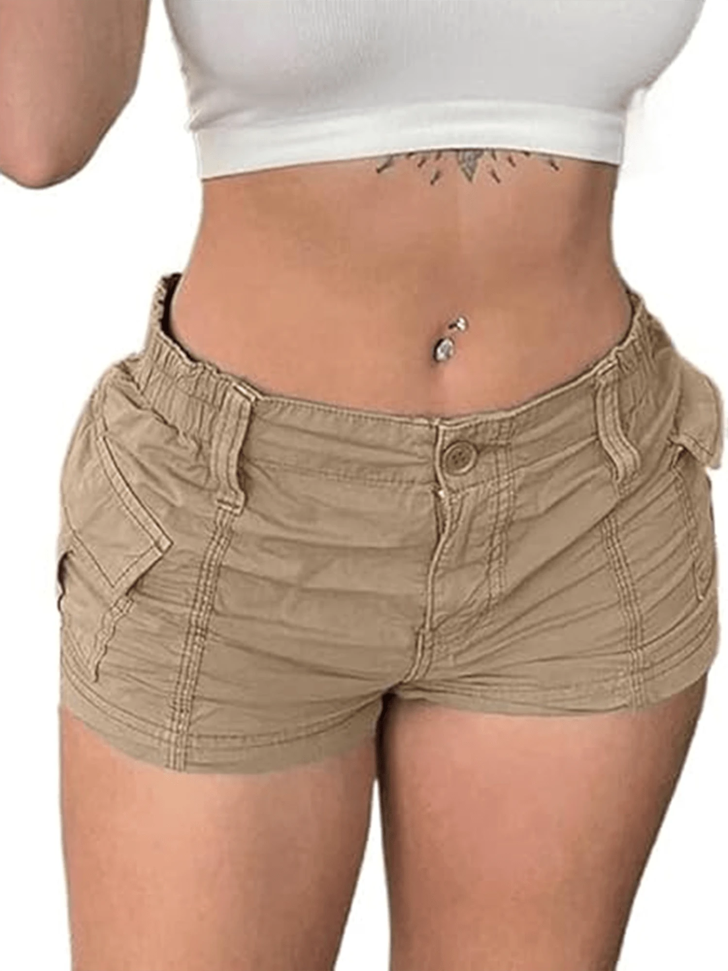 Women Cargo Shorts Vintage Casual Summer Elastic Low Waist Shorts With Pockets For Nightclub Streetwear - 卡其色 - 查看 1