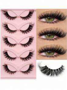 Asiteo 5 Pairs Upgraded Fluffy Cat Eye False Eyelashes, Faux Mink Lashes, Natural Curly & Fluttery, Dense & Realistic, Elongating Lash, Soft & Transparent Band - 眼尾拉長款 - 查看 1