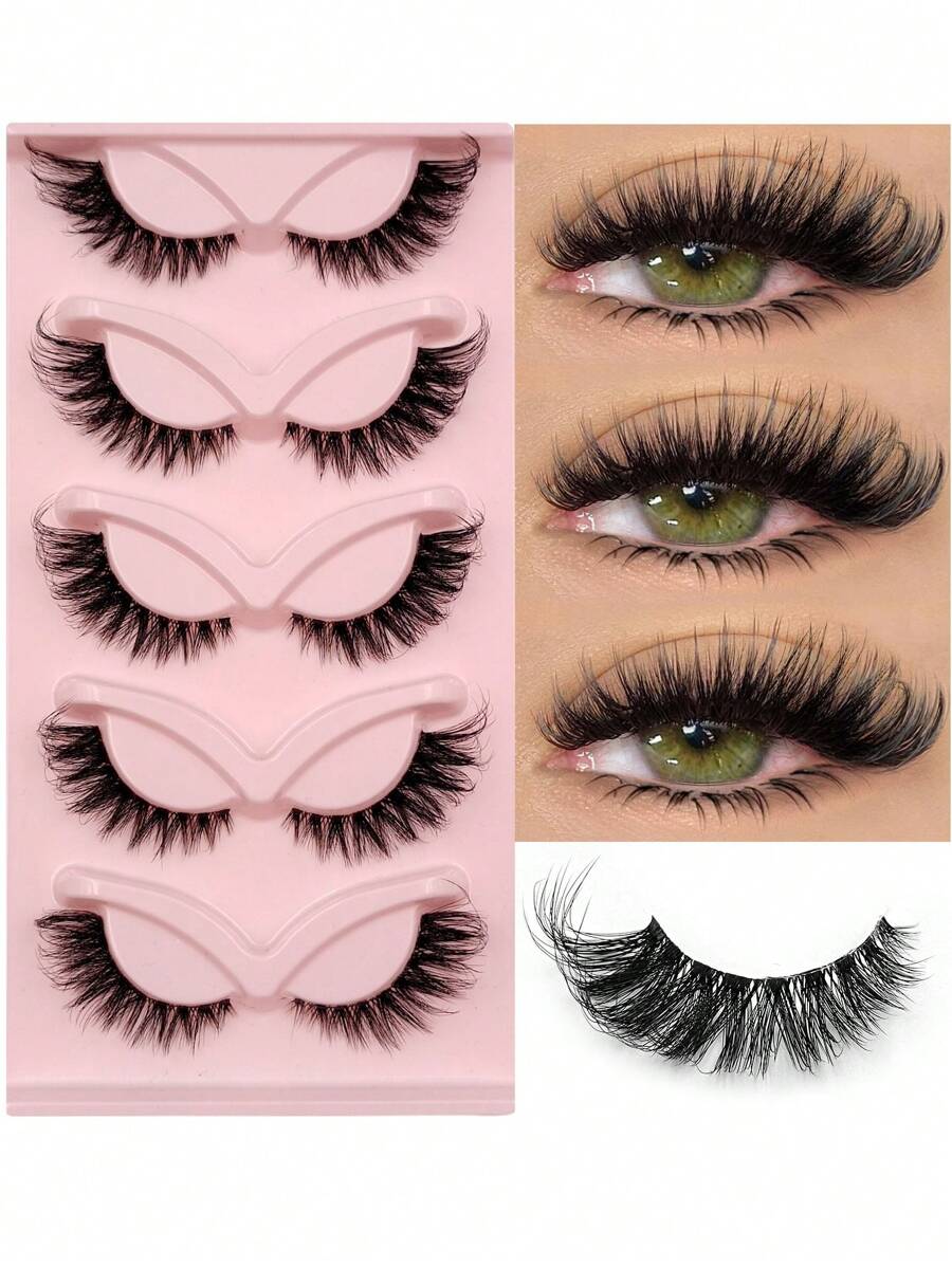 Asiteo 5 Pairs Upgraded Fluffy Cat Eye False Eyelashes, Faux Mink Lashes, Natural Curly & Fluttery, Dense & Realistic, Elongating Lash, Soft & Transparent Band - 眼尾拉長款 - 查看 1