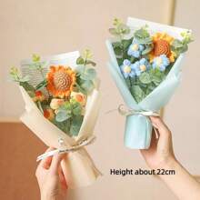 Ramo de flores artificiales de ganchillo, hecho a mano, para aniversario, girasol, Margarita, regalo de cumpleaños para el día de la madre, flor eterna - Azul - Ver 6