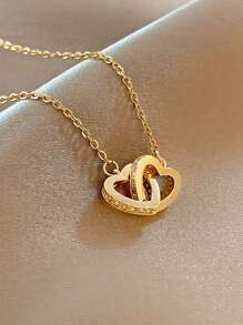 1pc Elegant Versatile Heart Shaped Double Ring Pendant Necklace, Lightweight Luxurious Design Necklace For Women, Suitable For Daily Wear, Gift For Valentine's Day, Mother's Day, Wedding Engagement