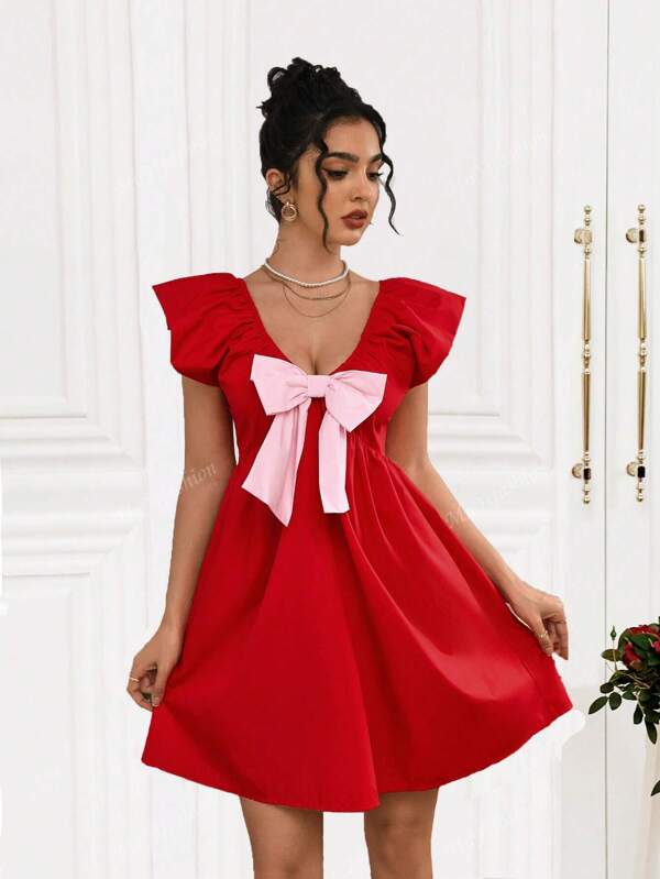 Elegant Contrast Color V-Neck Cinched Waist Bow Cap Sleeve A-Line Woven Dress
