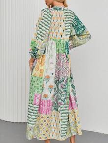 女士波西米亚灯笼袖长款连衣裙，时尚V领系带腰袋随机印花长款连衣裙，女士情人节派对服装，女士节日服装 - 綠色 - 查看 3