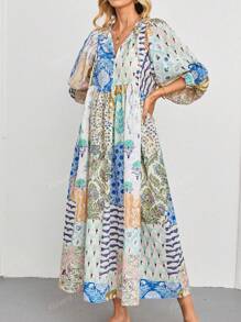 Vestido largo bohemio de mujer con mangas farol, cuello en V, corbata, bolsillos y estampado de retazos aleatorios