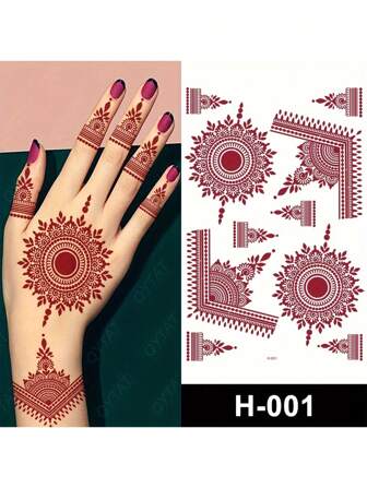 1 件红棕色指甲花风格曼陀罗花手指/指甲艺术临时纹身贴纸，适用于日常装扮、节日、礼物，防水身体艺术手部贴花