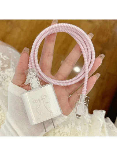 4 piezas de protectores de cable de datos de 18/20W con diseños de lazo/flor/mariposa en color rosa, compatibles con 16/16 Pro Max/15/14/13/11, funda suave anti-dobleces para cargador y cable de carga