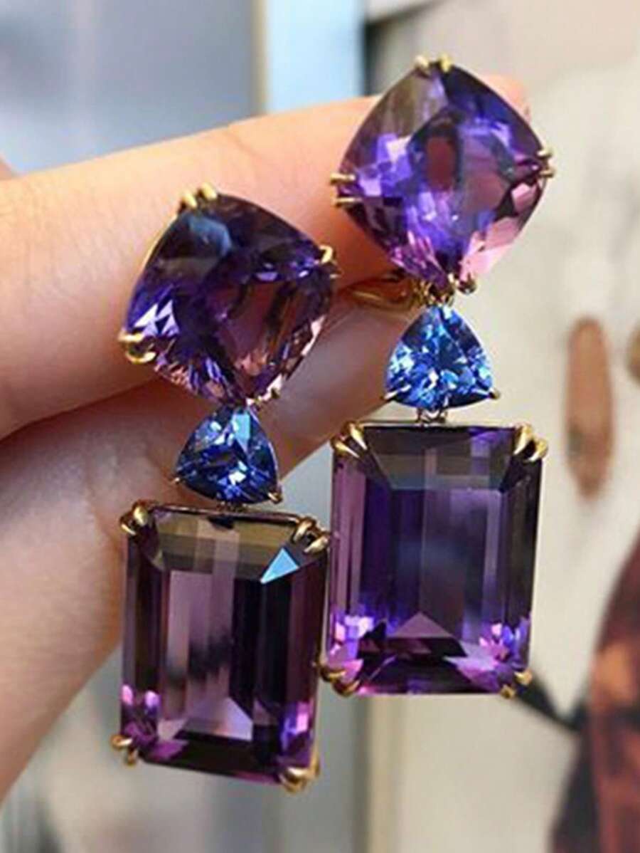 1pair Elegant Purple Colour Double Zirconia Earrings, Fashion Elegant Ladies Earrings, Suitable For Attending Banquets, Parties To Wear - bông tai - Xem 1