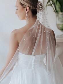Velo nupcial de capa única de malla de nailon, accesorio de boda, diseño de red hueca con peine de cabello plano, decorado con perlas artificiales y brillantes rhinestones