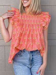 Women's Rose Red Floral Print Cap Sleeve Ruffle Trim High Neck Vacation Blouse - Orange - View 6