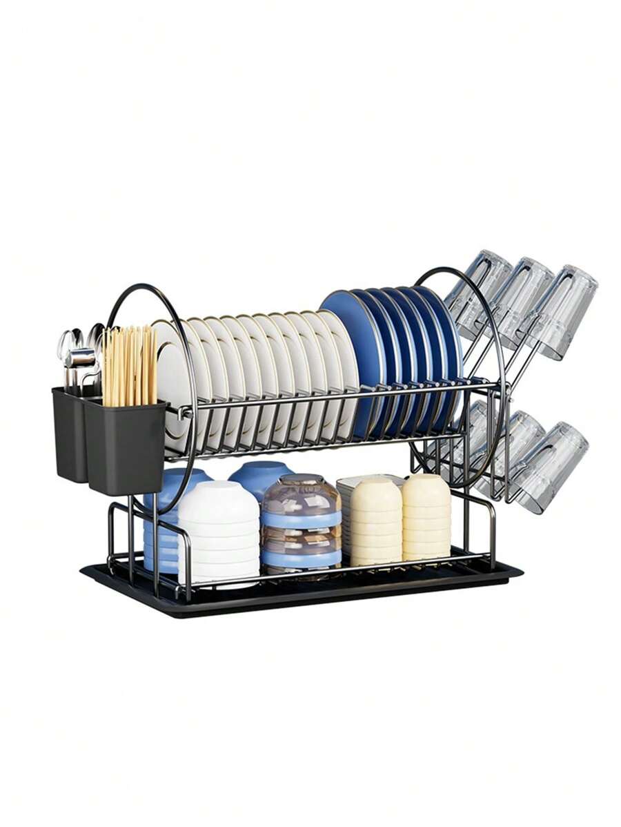 1PC Heavy Upgraded Version Of The Kitchen Dish Drain Rack Double-Layer Countertop Dish Rack With Removable Cutlery Tube Household Cutlery Rack Rust-Proof Thickened Stainless Steel Space-Saving Countertop Storage Artifact - Black - View 1