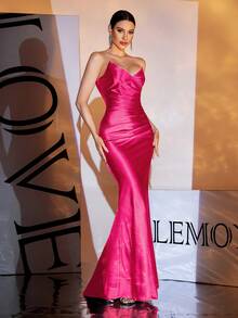 露肩露背长款晚礼服，紫红色，正式，派对礼服，适合婚礼宾客 - 玫紅色 - 查看 5