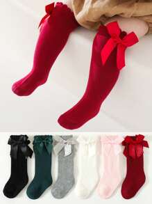 6 Pairs Baby Girl Over The Knee Socks, Long Leg Ribbed Stockings, Bowknot Accent, Solid Color, For Spring Autumn Wear, Ballet/Formal Dance - Multicolor - View 2