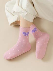 5 Pairs Girls' Cute Bow Polka Dot Mid-Calf Socks, Suitable For School Outfits