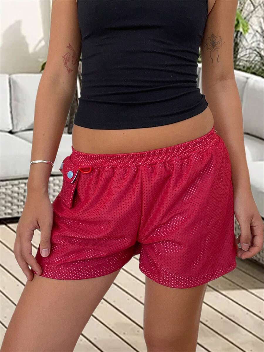 Womens Wide Leg Mesh Shorts Casual Elastic Waist Flap Pocket Solid Color Shorts Going Out Shorts