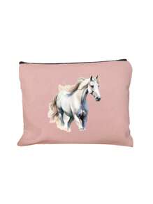 Charming Watercolor Horse Theme Printed Zipper Makeup Bag, Fashionable Large Capacity Makeup Bag, Cosmetic Bags, Skin Care Product Storage Bags, Travel Makeup Bag, Solid Color Zipper Bag, Large Capacity Style Bag, Bathroom Organizer Holiday Essentials Holiday Travel Essentials Travel Bag Travel Accessories - Pink - View 14