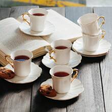 Coffee Bar Brew To A Tea White Espresso Cups With Saucers, Set Of 6 (2.4 Oz), Porcelain Turkish Coffee Cup Set With Gold Trim Design & Gift Box, Dishwasher Safe Room Decor - 白色 - 查看 8