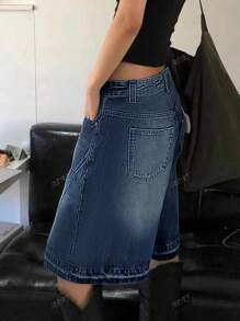 Women's Casual Washed Loose Pocket Rib Detail Mid-Length Denim Shorts