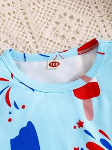 Letni strój: koszulka z falbanką u dołu dla młodych pań i spodenki rowerowe, elastyczna sukienka z krótkim rękawem i nadrukiem w patriotyczne lody i fajerwerki z legginsami, idealna na prezenty, Dzień Niepodległości, imprezy - Niebieski - Zobacz 3