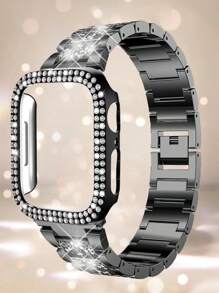 1件/套黑色苹果手表表带+苹果手表表壳，男女通用，闪亮水钻金属表带+闪亮水钻保护壳，苹果手表表带+苹果手表表壳，兼容 Ultra/10/9/8/7/6/5/4/3/SE，适用于49mm/46mm/45mm/44mm/42mm（Series 10）/42mm/41mm/40mm/38mm，双排闪亮水钻保护套，时尚表带，苹果手表表带+苹果手表表壳