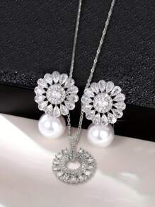 3 件套女士奢华珍珠新娘首饰套装、锆石耳环和项链、优雅婚礼配饰 - OPP袋套裝 - 查看 1