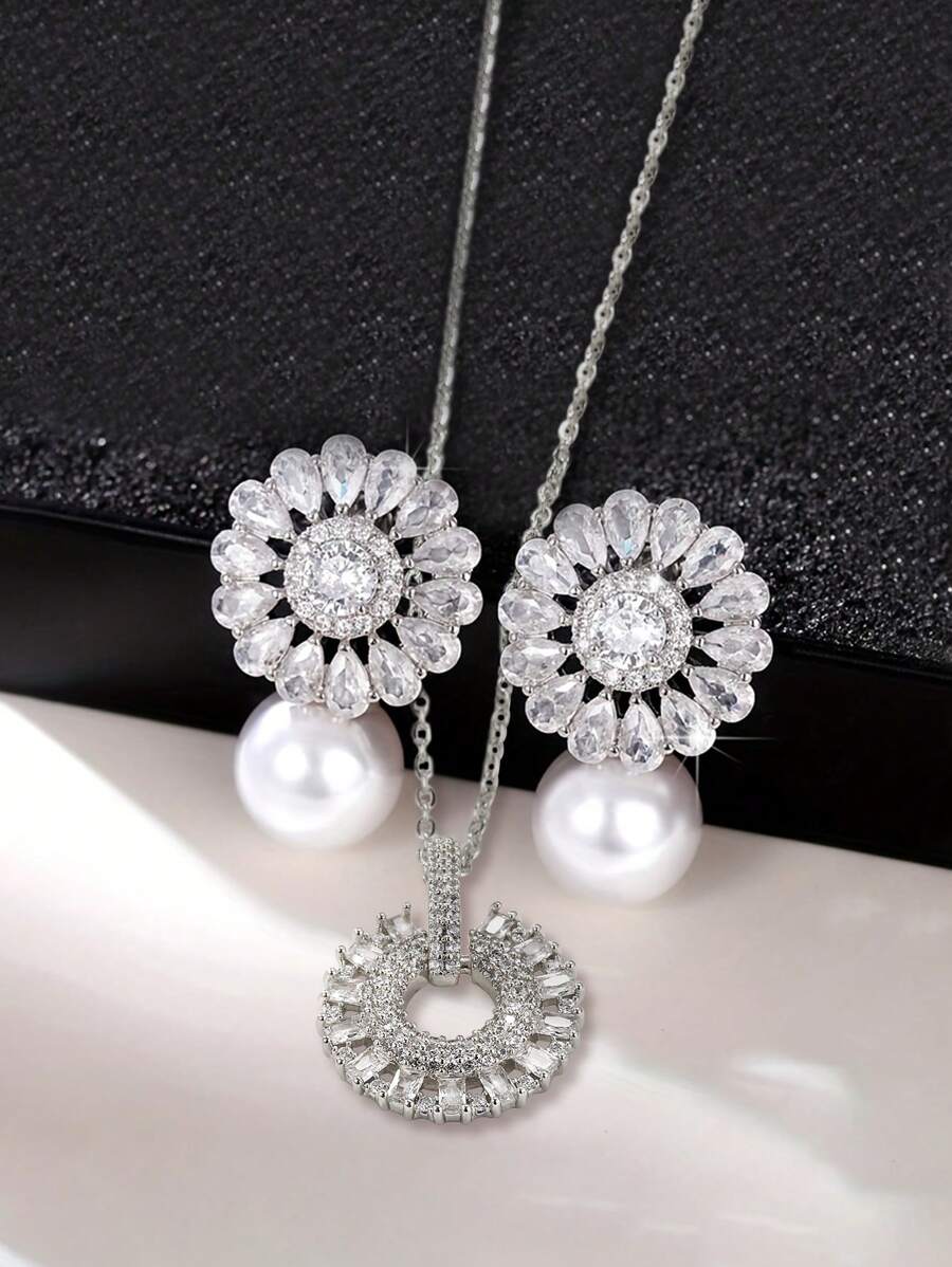 3 件套女士奢华珍珠新娘首饰套装、锆石耳环和项链、优雅婚礼配饰 - OPP袋套裝 - 查看 1