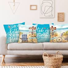 4PCS Whaline Summer Beach Pillowcase, Tropical Ocean Cushion Cover, Linen Blue Throw Pillow Cover, Summer Decorative Cushion Cover, Indoor & Outdoor Sofa Bed, Sofa Home Decoration, Single Side, No Pillow Core