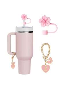 兼容 杯配件 1 件黑粉色吸管盖，用于杯吸管盖，1 件可爱心形字母和圆形字母饰物，适用于 30&40 盎司带手柄玻璃杯，字母饰物配件的长度为 3.94 英寸。个性化字母配件