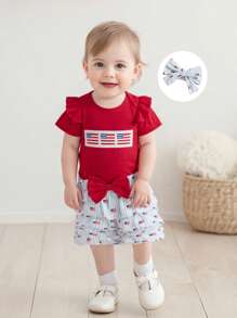 Conjunto de 3 piezas para niña bebé del 4 de julio: mameluco de manga corta, pantalones cortos con volantes y estampado de bandera estadounidense, diadema - Rojo - Ver 5