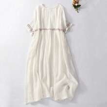Women's Linen Long Dress Embroidered Crew Neck Short Sleeve Flowy Pleated Summer Casual Maxi Dresses With Pockets - 白色 - 查看 1